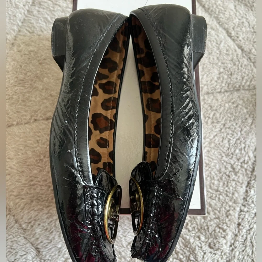 Coach Black Patent Leather Loafers with Gold Logo Medallions